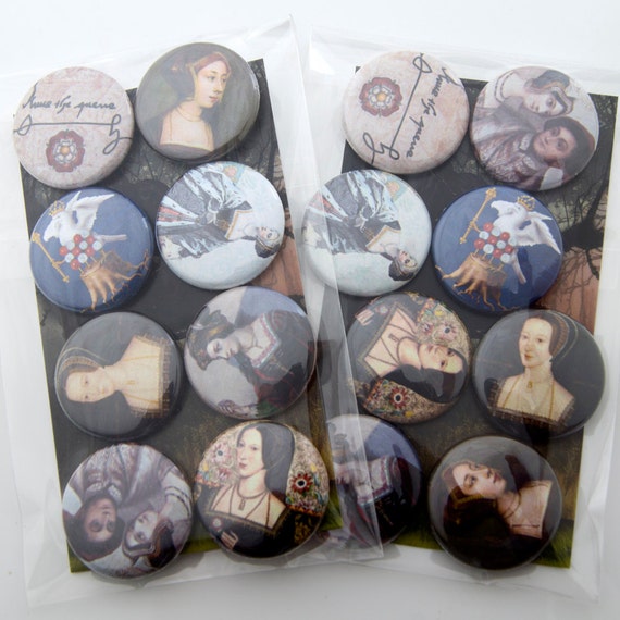 Anne Boleyn /"The Most Happy/" Queen of England Tudors Set of 8 magnets or pins 1/"