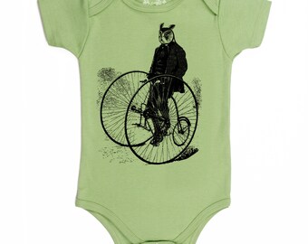 Organic Cotton Gentleman Owl on a Bicycle Baby One Piece