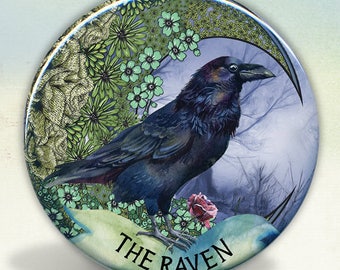 Raven and The Moon Pocket Mirror | Pinback Button | Magnet | Keychain Bottle Opener