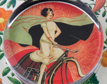 Onyx Bicycle Girl Glass Round Paperweight tartx