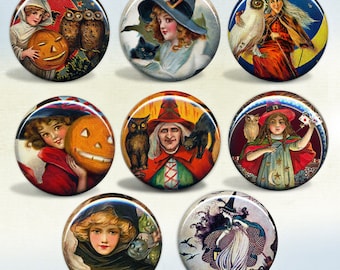 Halloween Witch set of 8 magnets or buttons pinback badges