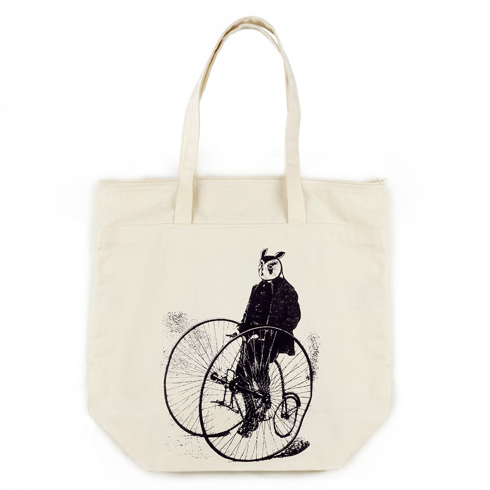 Gentleman Owl on a Bicycle Organic Cotton Large Market Tote Bag