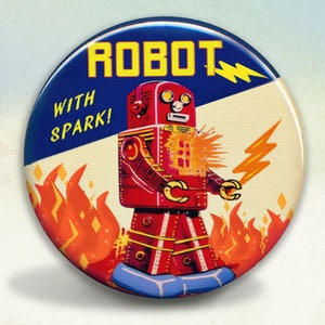 May include: A red robot with yellow accents and a lightning bolt coming out of its chest. The robot is standing on flames and the text "ROBOT WITH SPARK!" is written on the blue background.