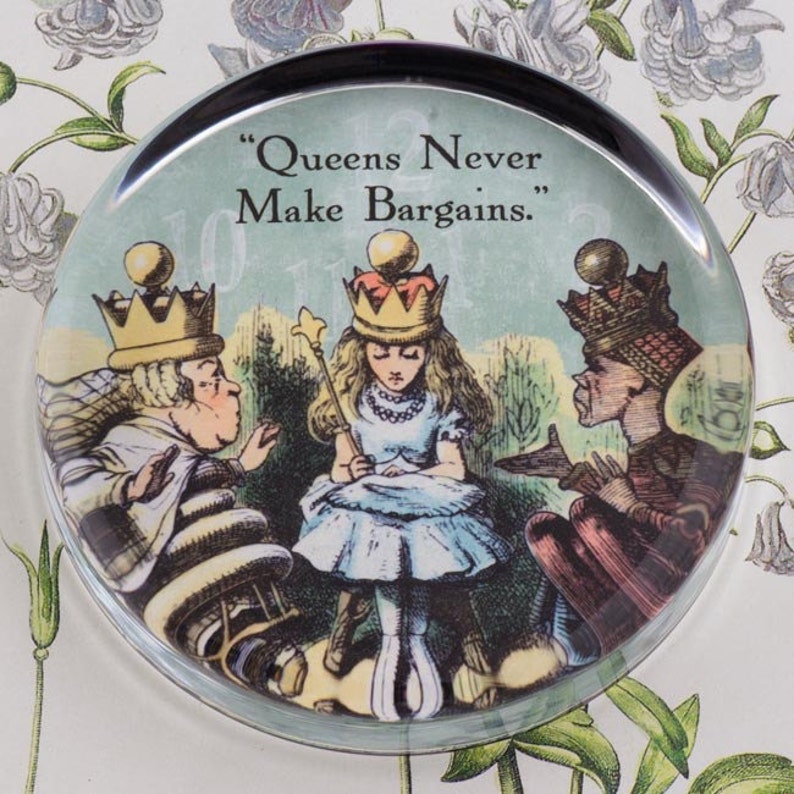 Alice Queens Never Make Bargains Glass Round Paperweight tartx image 1