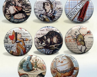 Alice in Wonderland badges Set of 8 pin back buttons