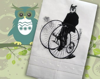 Gentleman Owl on a Bicycle Linen Tea Towel tartx