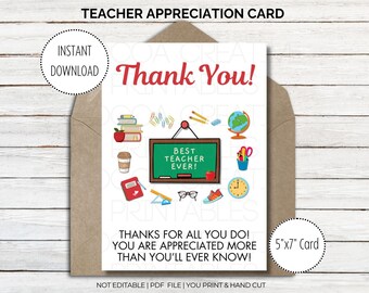 Teacher Appreciation Thank You Card | Teacher Thank you Card Printable | Teacher Appreciation Thank You Card | Teacher Card PDF