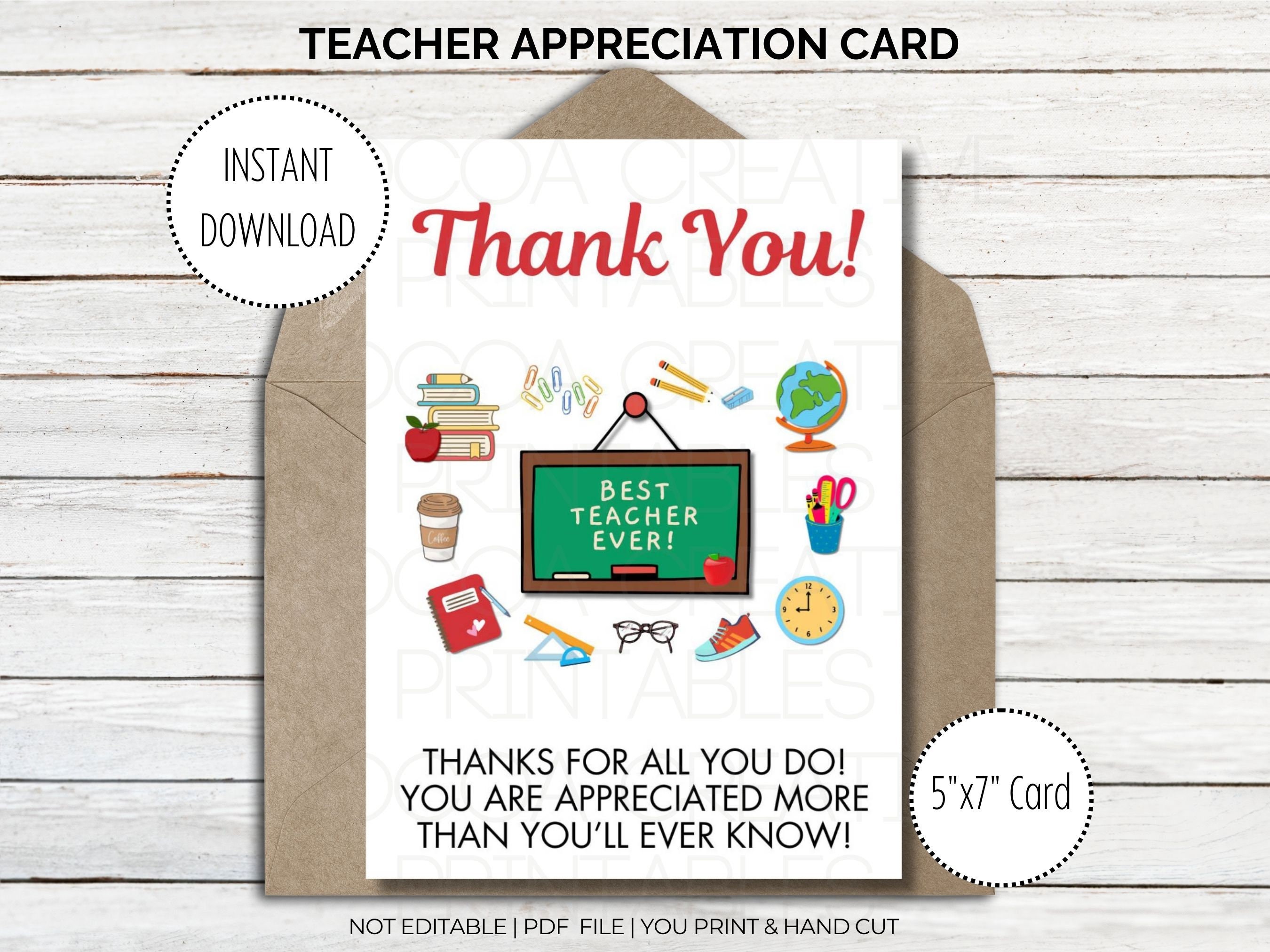Teacher Appreciation Thank You Card Teacher Thank You Card Printable ...