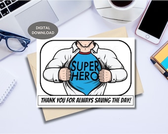 Superhero Thank you card | Thank you for always saving the day | Boss Day Card | Card for Employee | Boss Appreciation | Comic Thank you