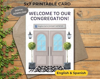 May include: A printable 5x7 welcome card featuring a watercolour illustration of a Kingdom Hall of Jehovah's Witnesses building with double doors, two potted trees, and a sign that reads "Kingdom Hall of Jehovah's Witnesses". The card is available in English and Spanish.