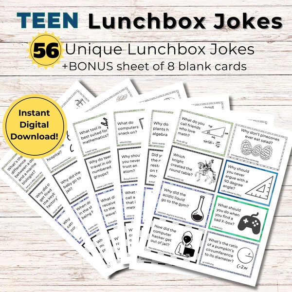 Teen Lunchbox Jokes Printable, Lunch Box Notes, Jokes for kids, Lunchbox Cards, School Jokes, Kids Riddles, Printable Lunch Box Notes, PDF