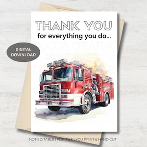 Firefighter Thank You Card | Fireman Thanks | Firemen Gift | Fire Dept Gift | Firefighter Appreciation | Printable Card | Digital Download