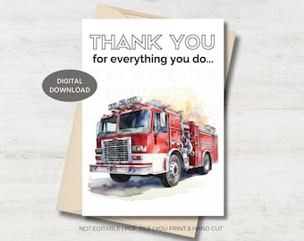 Firefighter Thank You Card | Fireman Thanks | Firemen Gift | Fire Dept Gift | Firefighter Appreciation | Printable Card | Digital Download
