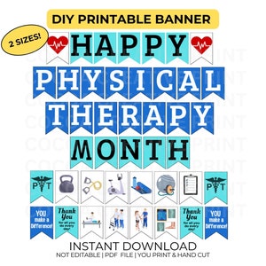 Puede incluir: Banner imprimible con el texto "Happy Physical Therapy Month" en azul y turquesa. El banner incluye varios iconos relacionados con la fisioterapia, como un estetoscopio, pesas y un fisioterapeuta.