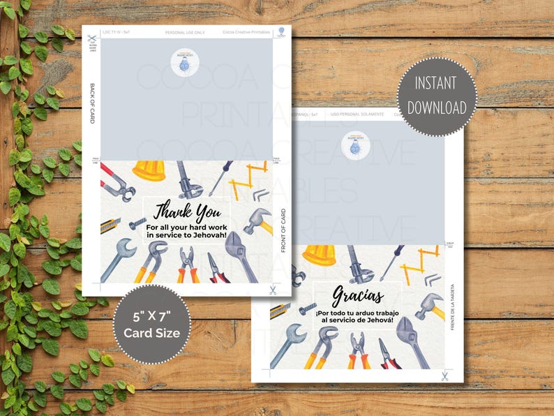 May include: A printable thank you card with a construction theme. The card features a variety of tools, including hammers, wrenches, and screwdrivers. The text on the card reads "Thank You" and "For all your hard work in service to Jehovah!" The card is 5 inches by 7 inches.