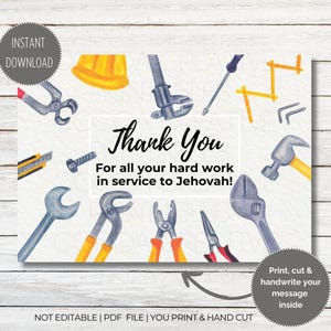 May include: Printable thank you card with a blue and gray toolbox theme. The card features a variety of tools, including a hammer, wrench, pliers, and a level. The text on the card reads "Thank You For all your hard work in service to Jehovah!"