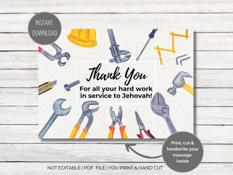 May include: Printable thank you card with a blue and gray toolbox theme. The card features a variety of tools, including a hammer, wrench, pliers, and a level. The text on the card reads "Thank You For all your hard work in service to Jehovah!"