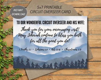 May include: A printable 5x7 card with a watercolour mountain background. The card reads "To our wonderful circuit overseer and his wife: Thank you for your encouraging visit! May Jehovah continue to bless you both for all the good you do!" with scripture references below.