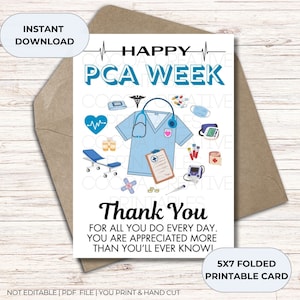 Tarjeta de la semana de PCA, Semana de PCA imprimible, Tarjeta plegable de 5 x 7 de la semana de pca, Agradecimiento de pca, Semana del asistente de cuidado personal, Tarjeta de asistente de cuidado, Agradecimiento de PCA