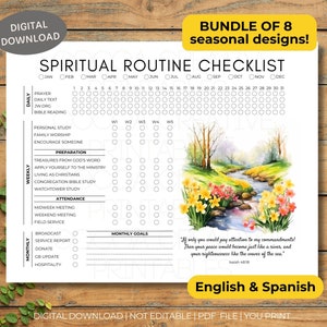 May include: Printable checklist for a spiritual routine with a watercolor illustration of a stream flowing through a field of daffodils. The checklist includes daily, weekly, and monthly goals. The text "If only you would pay attention to my commandments! Then your peace would become just like a river, and your righteousness like the waves of the sea." is included in the image.
