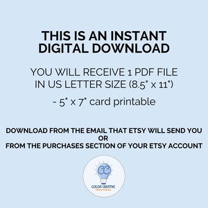 K&ouml;nnte beinhalten: Text auf hellblauem Hintergrund, der lautet: "Dies ist ein sofortiger digitaler Download. Sie erhalten 1 PDF-Datei im US-Letter-Format (8,5" x 11"). - 5" x 7" Kartenformat zum Ausdrucken. Laden Sie die Datei von der E-Mail herunter, die Etsy Ihnen sendet, oder aus dem Kaufbereich Ihres Etsy-Kontos." Ein hellblauer Kreis mit einer wei&szlig;en Gl&uuml;hbirne und dem Text "COCOA CREATIVE PRINTABLES" befindet sich in der unteren rechten Ecke.