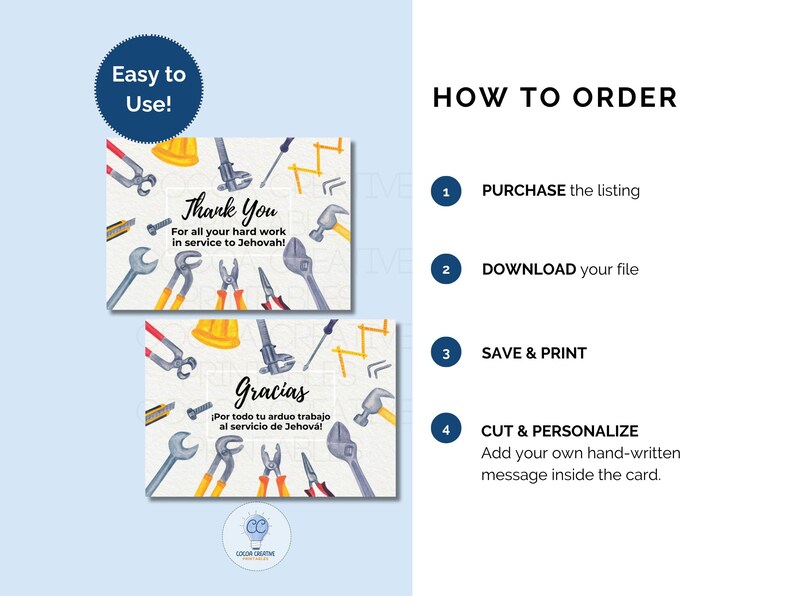 May include: Two printable cards with a construction theme. The first card says "Thank You" and the second card says "Gracias". Both cards feature a variety of tools, including hammers, wrenches, and screwdrivers.