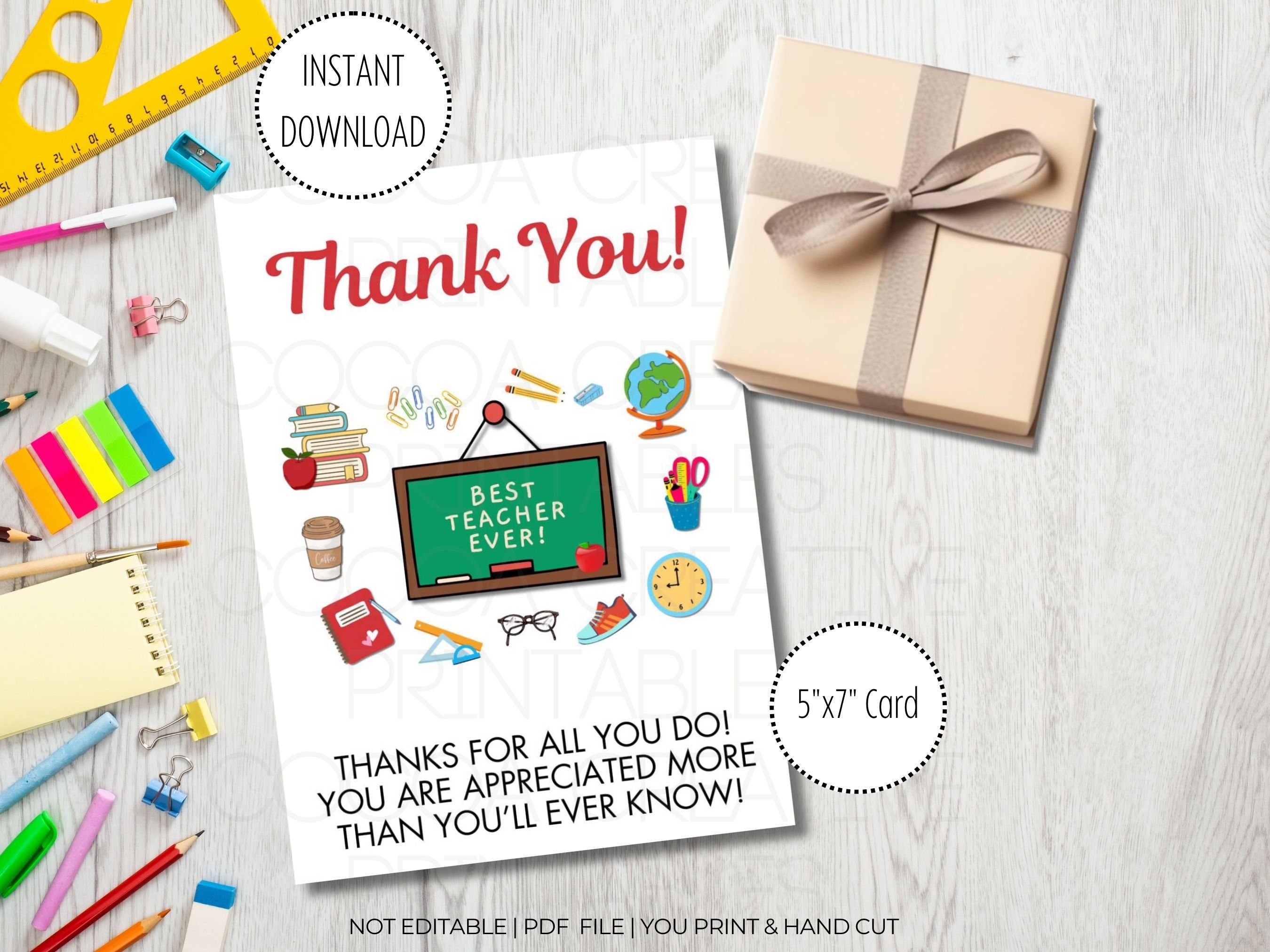 Teacher Appreciation Thank You Card Teacher Thank You Card Printable ...