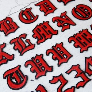 Parche de letras personalizadas góticas rojas, parche de número, parche para planchar, parche bordado, parche del alfabeto, parche con nombre,