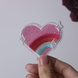 rainbow pink heart patch, iron on patch, embroidered patch, applique, iron on clothing labels,