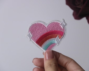 rainbow pink heart patch, iron on patch, embroidered patch, applique, iron on clothing labels,