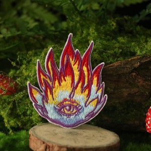 eye in the flame patch, flame patch, iron on patch, embroidered patch, applique, iron on clothing labels,