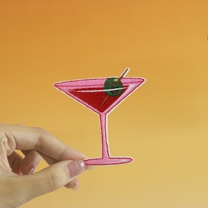pink Martini patch, cocktail patch, iron on patch, embroidered patch, applique, iron on clothing labels,