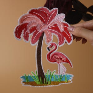 large pink coconut tree patch, pink flamingo patch, bird, iron on patch, embroidered patch, applique, iron on clothing labels,