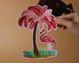 large pink coconut tree patch, pink flamingo patch, bird, iron on patch, embroidered patch, applique, iron on clothing labels,