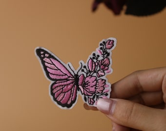 floral pink butterfly patch, iron on patch, embroidered patch, applique, iron on clothing labels,