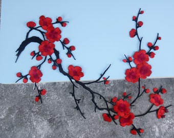 Hermoso parche rojo grande de flor de cerezo, parche de flor de ciruelo, parche de flor, parche termoadhesivo, parche bordado, aplique, plancha para ropa