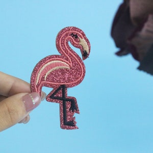 glitter pink flamingo patch, bird, iron on patch, embroidered patch, applique, iron on clothing labels,