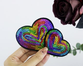 rainbow sequined hearts patch, iron on patch, embroidered patch, applique, iron on clothing labels,