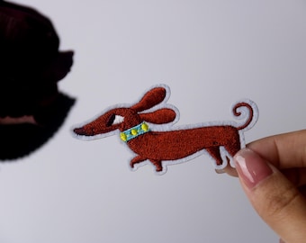 cute dachshund patch, dog patch, iron on patch, embroidered patch, applique, iron on clothing labels,