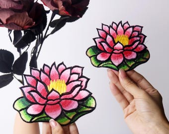 gorgeous lotus patch, pink flower patch, iron on patch, embroidered patch, applique, iron on clothing labels,