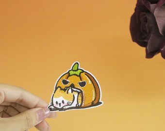 kitty in the pumpkin patch, iron on patch, embroidered patch, applique, iron on clothing labels,