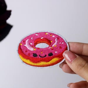 comic donut patch, food patch, pink, delicious, iron on patch, embroidered patch, applique, iron on clothing labels,