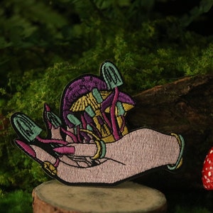 mushroom on the hand patch, iron on patch, embroidered patch, applique, iron on clothing labels,