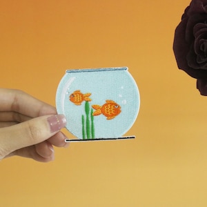 fish tank patch,goldfish patch, iron on patch, embroidered patch, applique, iron on clothing labels,