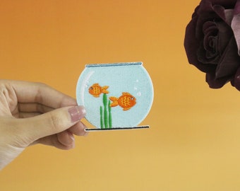 fish tank patch,goldfish patch, iron on patch, embroidered patch, applique, iron on clothing labels,