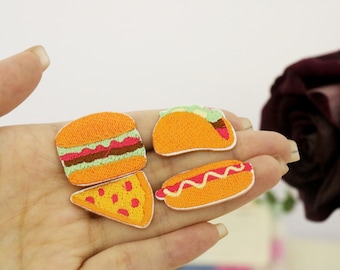 liten självhäftande matlapp, varmkorv, hamburgare, taco, pizza, stryklapp, broderad lapp, applikation, strykbara klädetiketter,