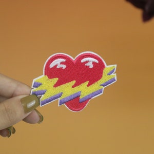 shocking red heart patch, electricity patch, iron on patch, embroidered patch, applique, iron on clothing labels,