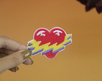 shocking red heart patch, electricity patch, iron on patch, embroidered patch, applique, iron on clothing labels,