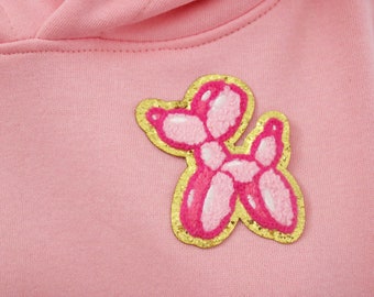 pink chenille balloon dog patch, iron on patch, embroidered patch, applique, iron on clothing labels,