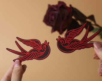 a pair of black red swallows patch, birds patch, iron on patch, embroidered patch, applique, iron on clothing labels,